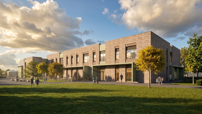 An architect visualisation of the rear of the school on a sunny day. 
