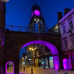 Eastgate Clock, Chester, lit up purple.