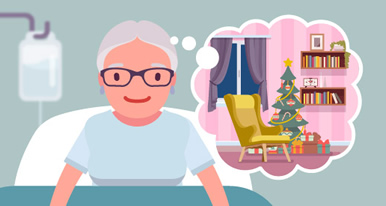 Illustration of an elderly person in hospital with a dream bubble of their home showing a festive scene.