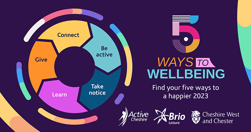 5 ways to wellbeing. Find your five ways to a happier 2023. Connect, be active, take notice, learn and give. Active Cheshire. Brio Leisure. Cheshire West and Chester.