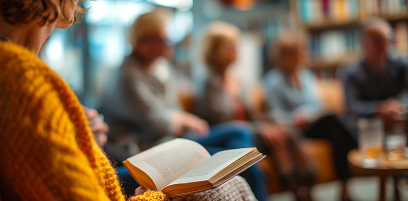 A person in a yellow sweater holds an open book, facing a group seated in a cosy room with bookshelves.