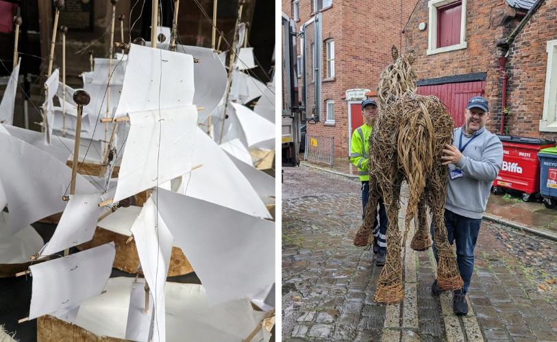 Left: 'Merchant Vessels' by Rachel Green and students from Year 4 at Cherry Grove Primary School. Right: 'Willow Horse' by Sarah Gallagher-Hayes and pupils at Guilden Sutton C of E Primary School.