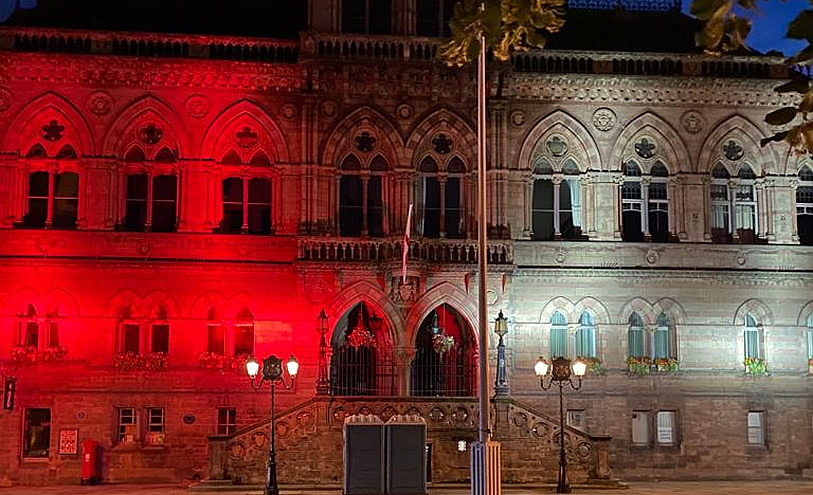 Chester Town Hall lit up red and white in support of England's Lionesses.