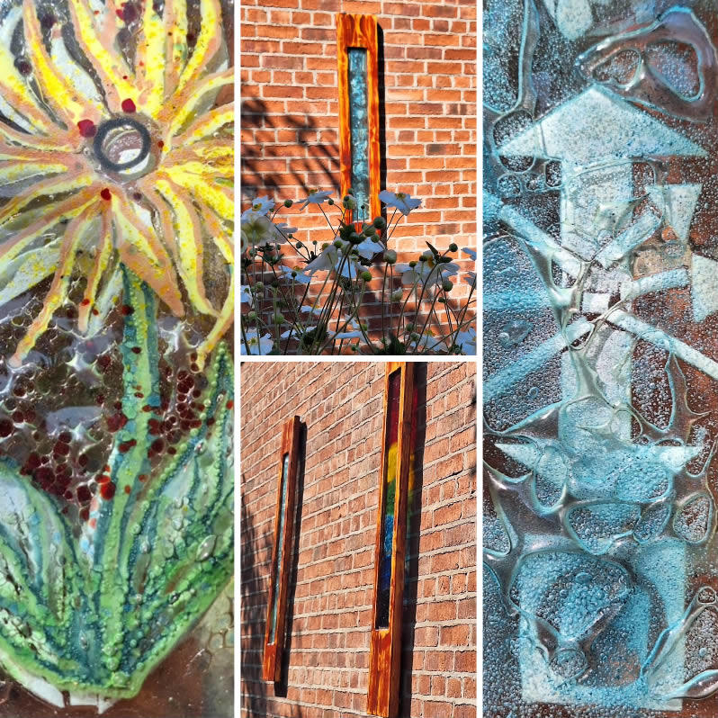A collage of examples of Helen's glass art work.
