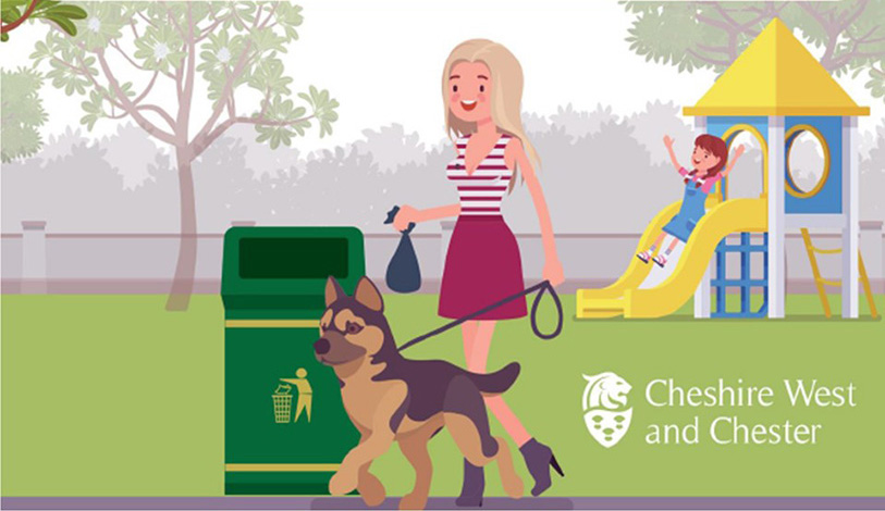 Illustration of resident walking a dog safely in a park with a playground in the background.