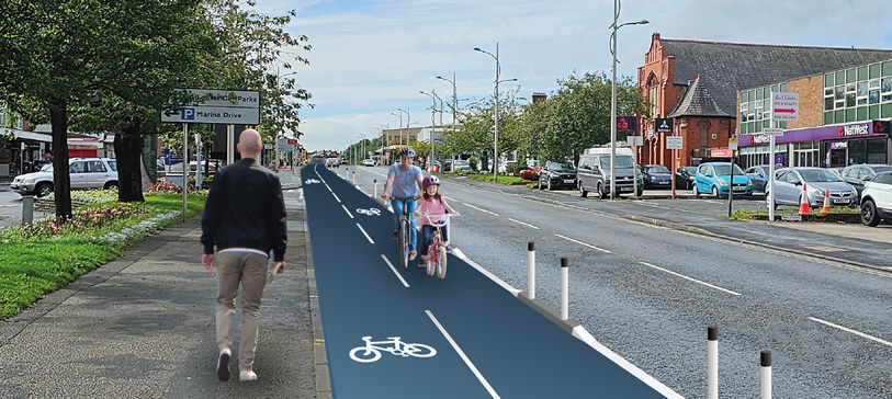 An artist's impression of the active travel scheme in Ellesmere Port with two people cycling down the path.