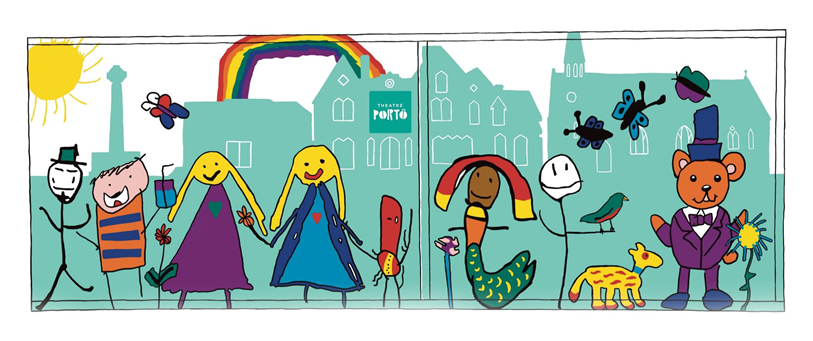 Ellesmere Port Market mural designs. A hand drawn mural showing people and animals stood in front of the Theatre Porto building in Ellesmere Port. The sun is shining in the sky and a rainbow is drawn above the buildings.