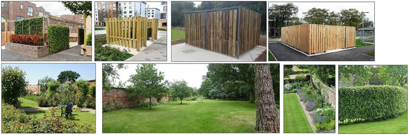 Indicative images for options of timber and plastic bin stores, and landscaping.