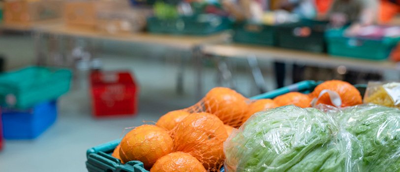 Fresh food donations of oranges and lettuces in green basket.