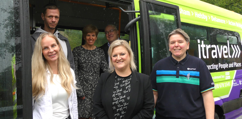 L to R: Passengers Sophie and Jerome, Lynne McKie and John Ellis-Jones from the Council's Transport team, with Cabinet Member for Environment, Transport and Highways, Cllr Karen Shore and Becky, one of the itravel bus drivers.