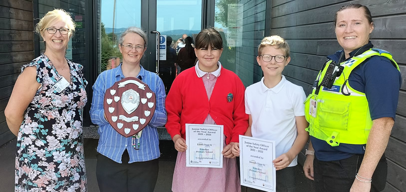 Gill Shaw, Road Safety Officer, CWAC; Kim Barney, Teaching Assistant and JSO Buddy, Edith, Joseph, Farndon School; and PCSO Rachael McKevitt, Cheshire Constabulary.
