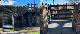 A collage showing the new staircase in place and the entrance to the staircase from the Walls.