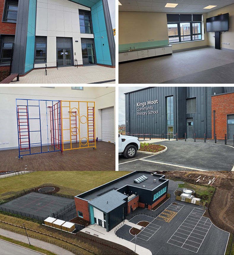 Kings Moat school construction colleage - showcases entrance, indoors and drone overview shots.