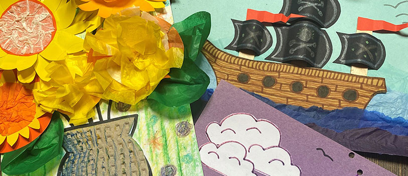 Arts and crafts based on sunflowers and pirate ship.