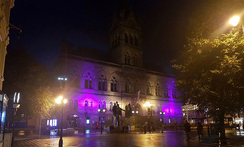 Town Hall lit purple in Chester.