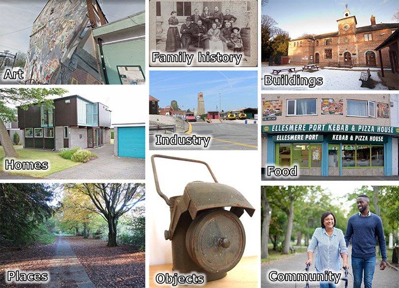 Heritage montage including art, family history, buildings, homes, industry, food, places, objects and community.