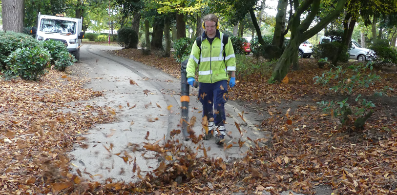 A Streetscene officer using a leaf blower to clear the path in Whitby Park, Ellesmere Port.