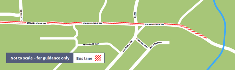 The bus lane is on the north side of Sealand Road.