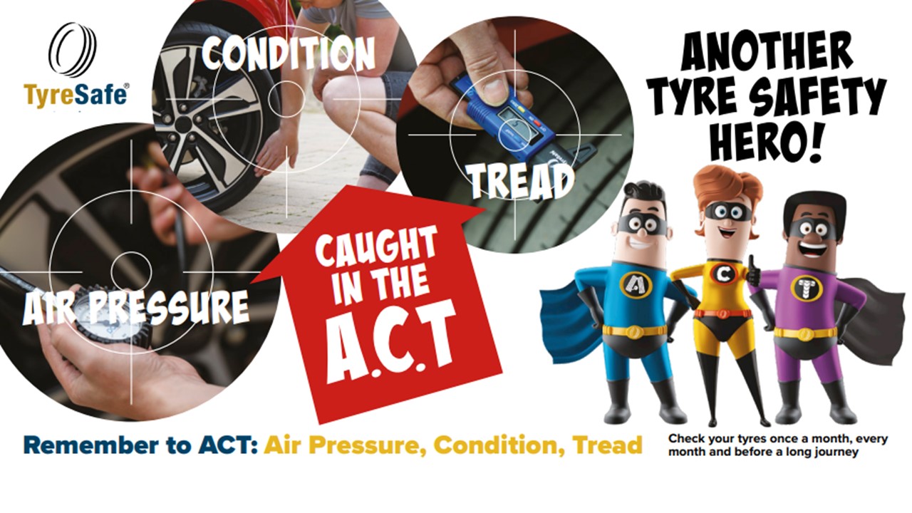 A visual promoting Tyre Safety Month with the acronym ACT - Air Pressure, Condition and Tread
