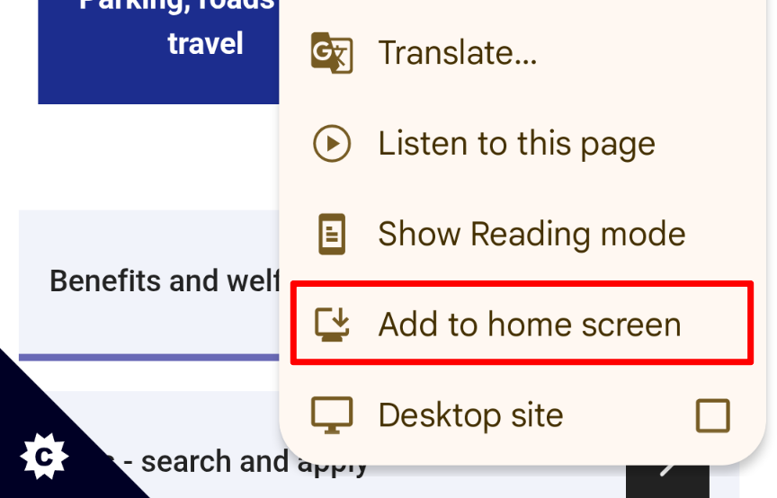 Menu showing add to home screen option (Chrome)