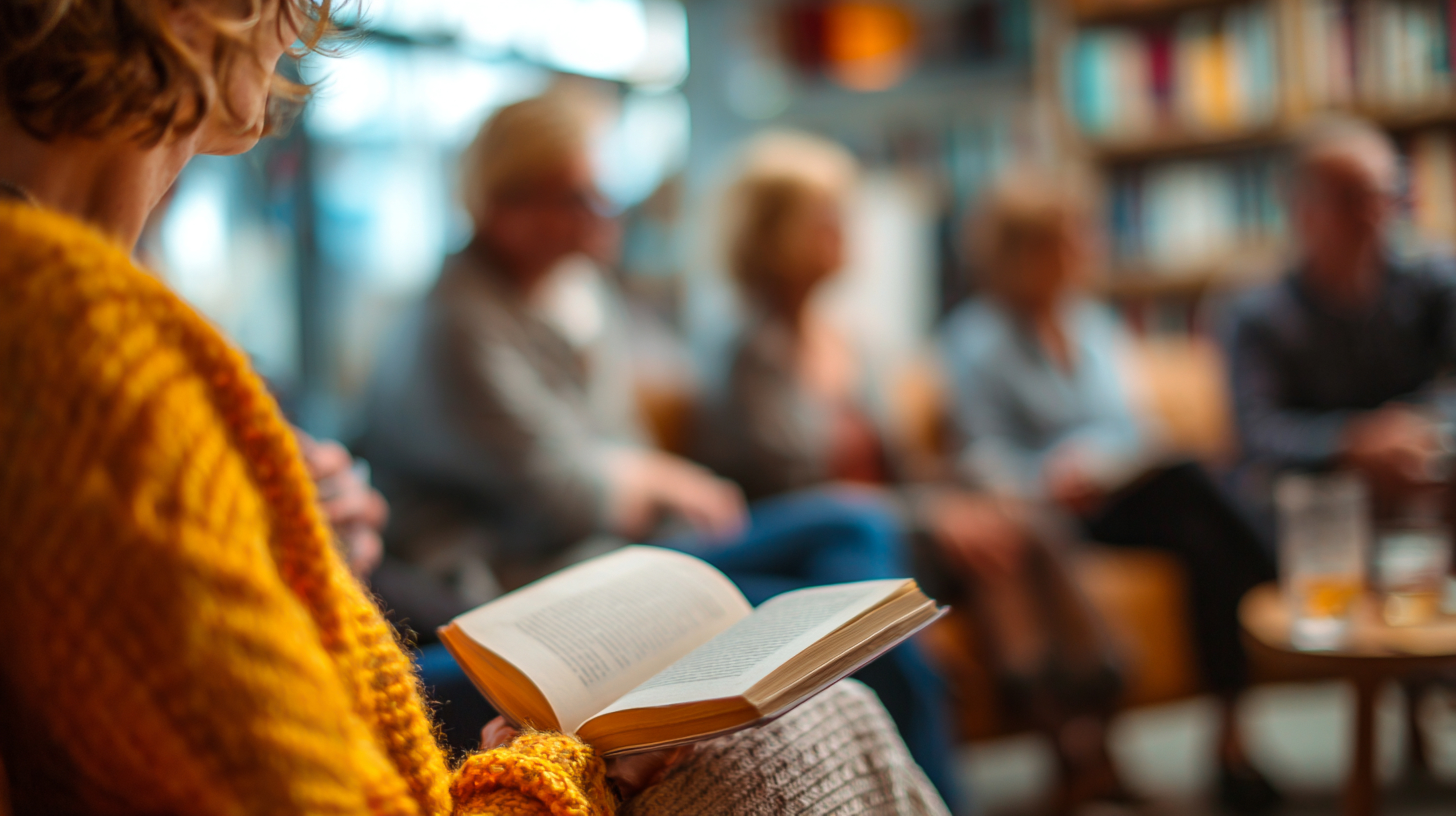 blurred image of a group of adults reading together