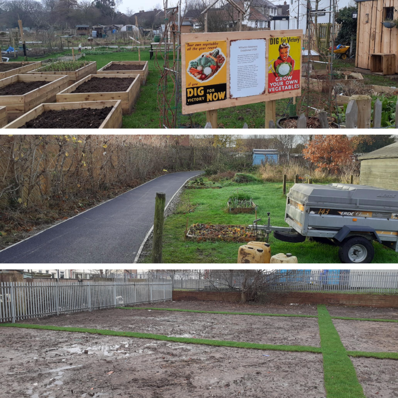 A collage of photos showing various allotments around the borough