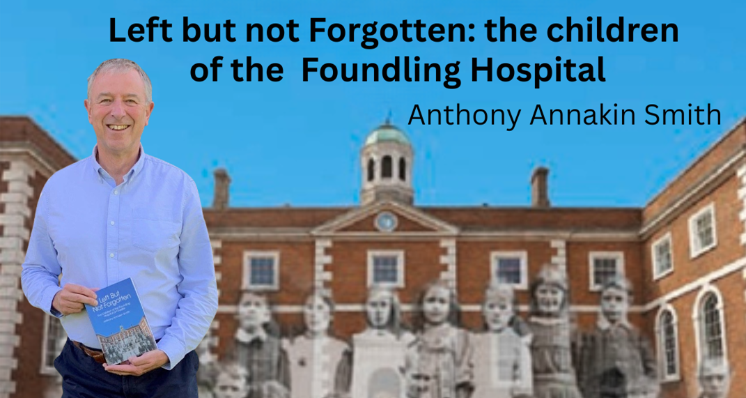 Man standing with book in front of a historic building. Black and white images of children.