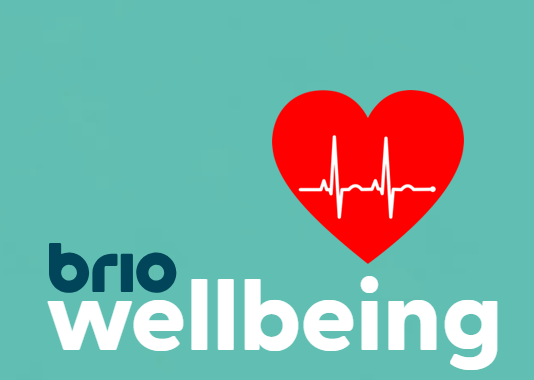 a green background with a red heart and the words "brio wellbeing"