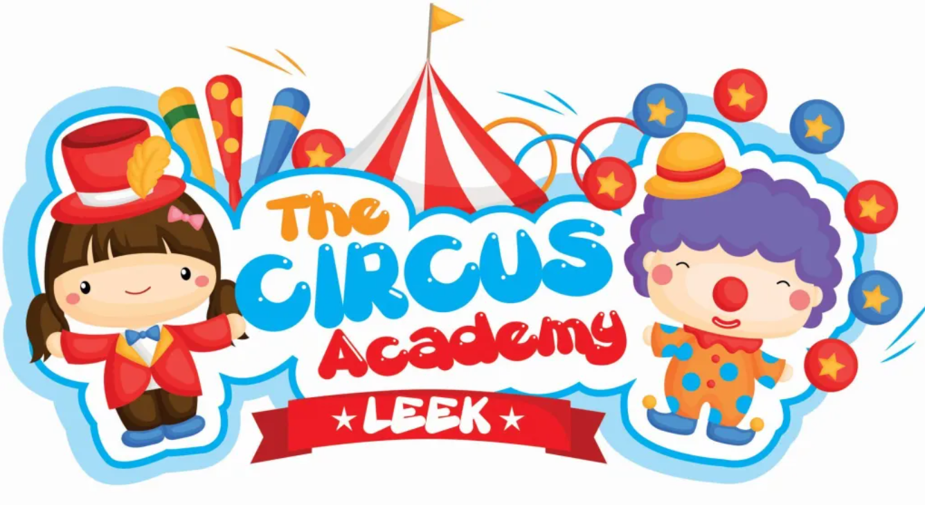 Cartoon images of circus people with big top tent
