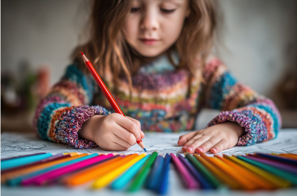 A child colouring with coloured pencils