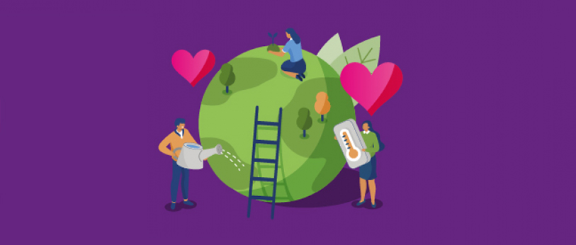 Illustration of green globe and people gardening with love hears and a ladder