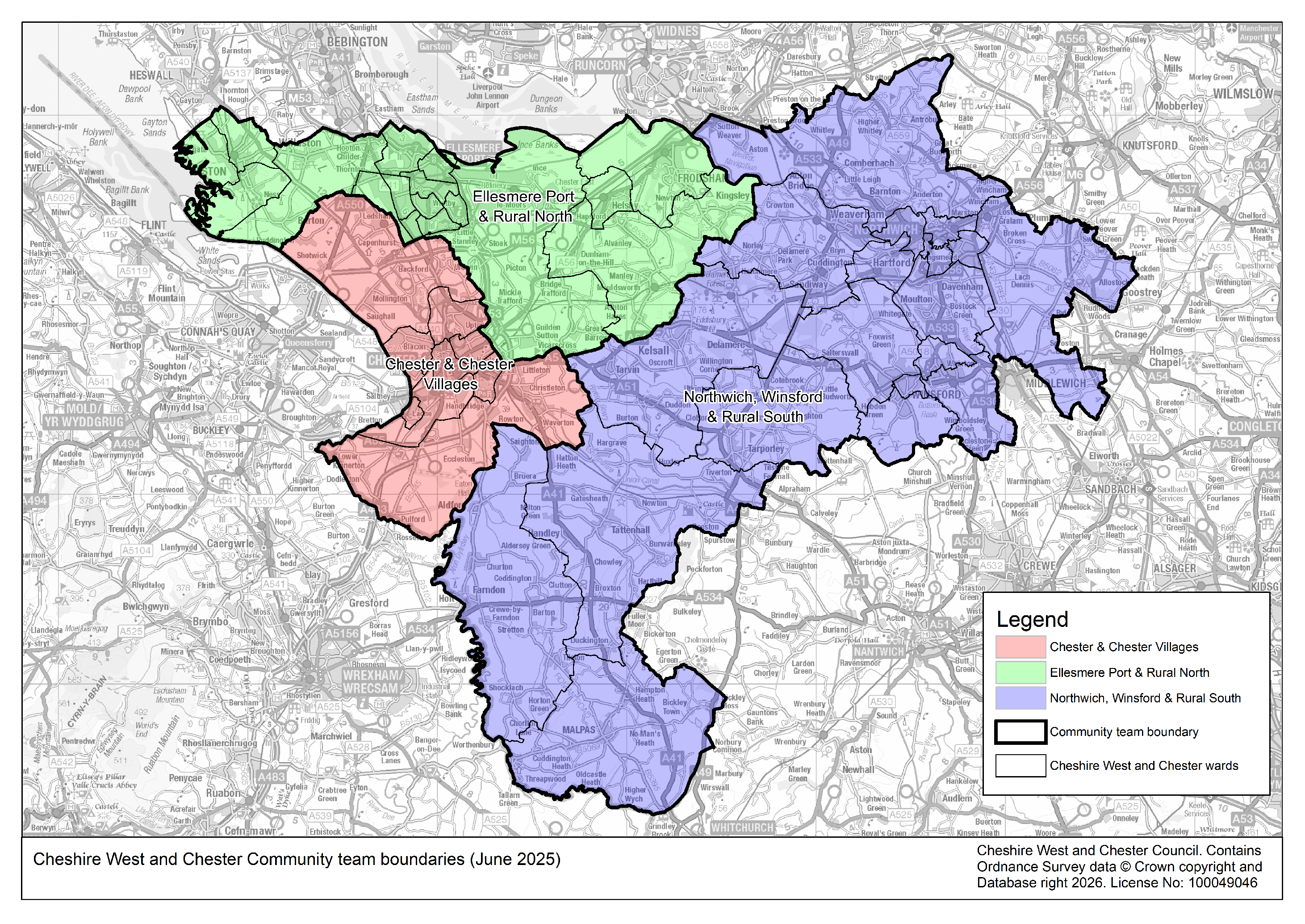 A map outlining the communities in cheshire west and chester