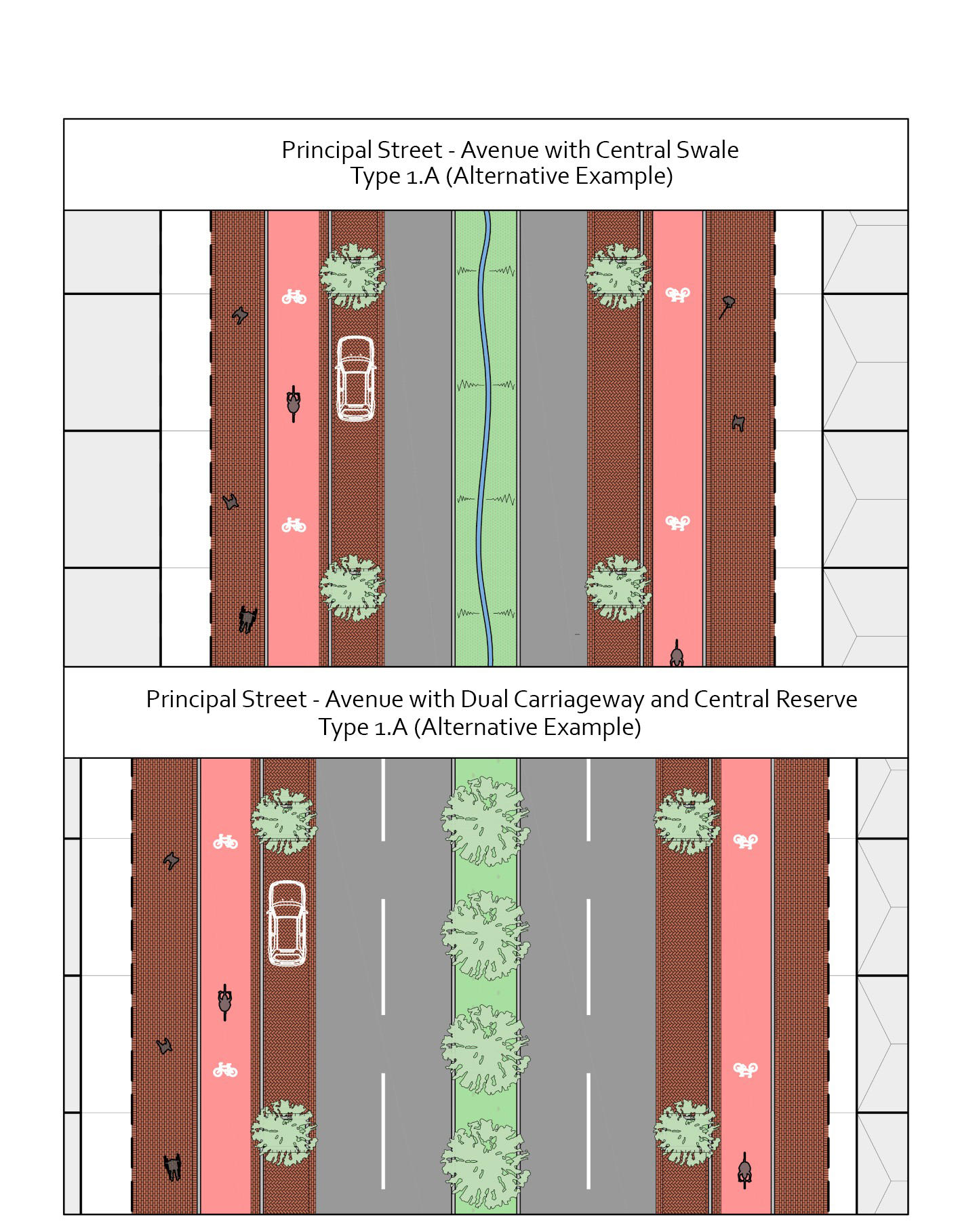 Diagrammatic layout of alternative arrangements for Type 1.A - Principal street