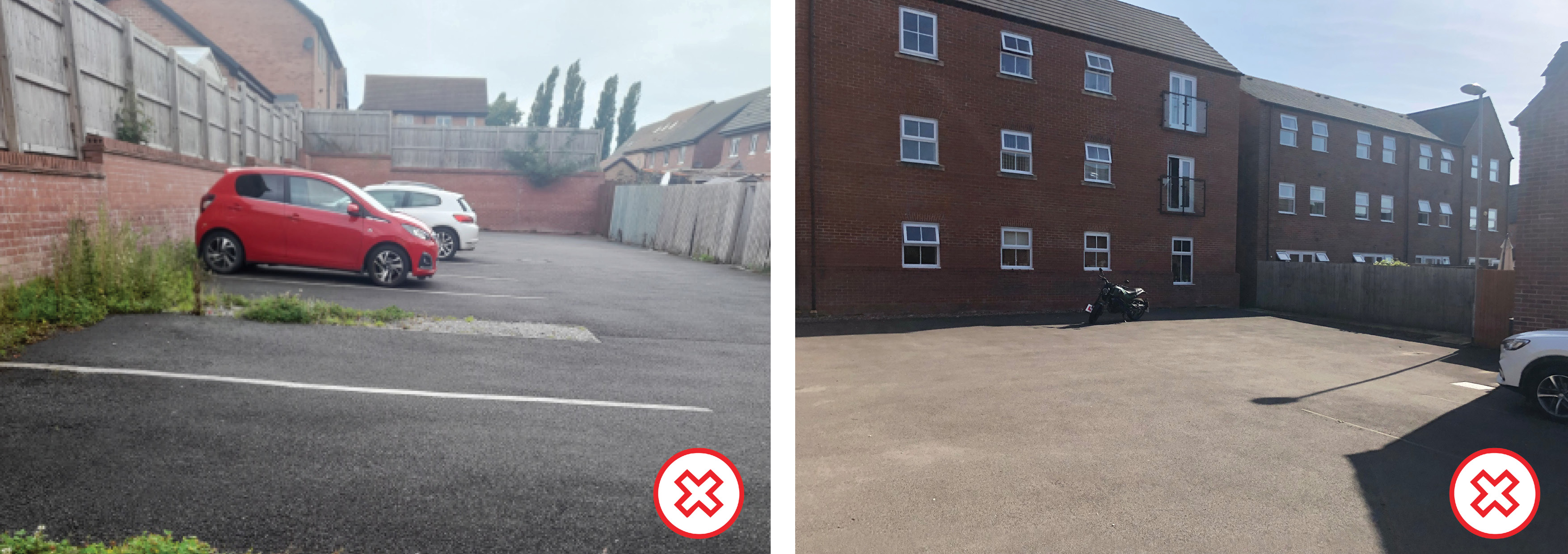 Poor examples of parking courts, with low-quality materials and a lack of greenery, both Cheshire