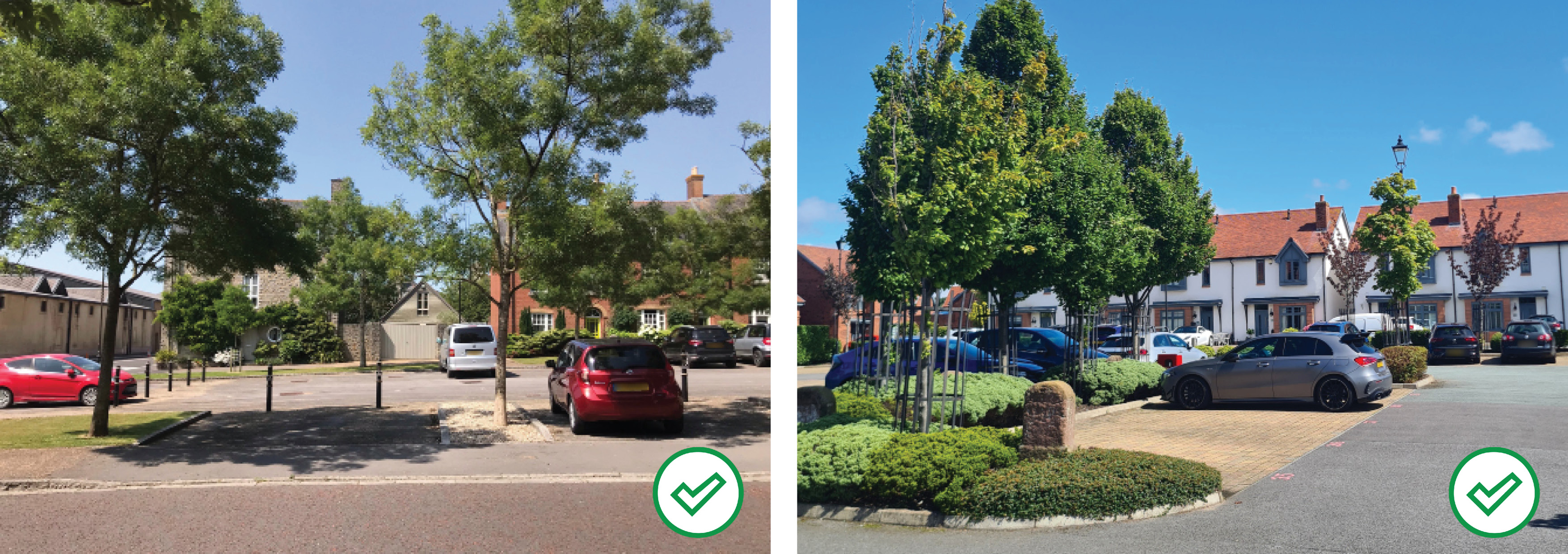 Well landscaped parking squares, Poundbury, Dorset (left) and Parkgate, Cheshire (right).