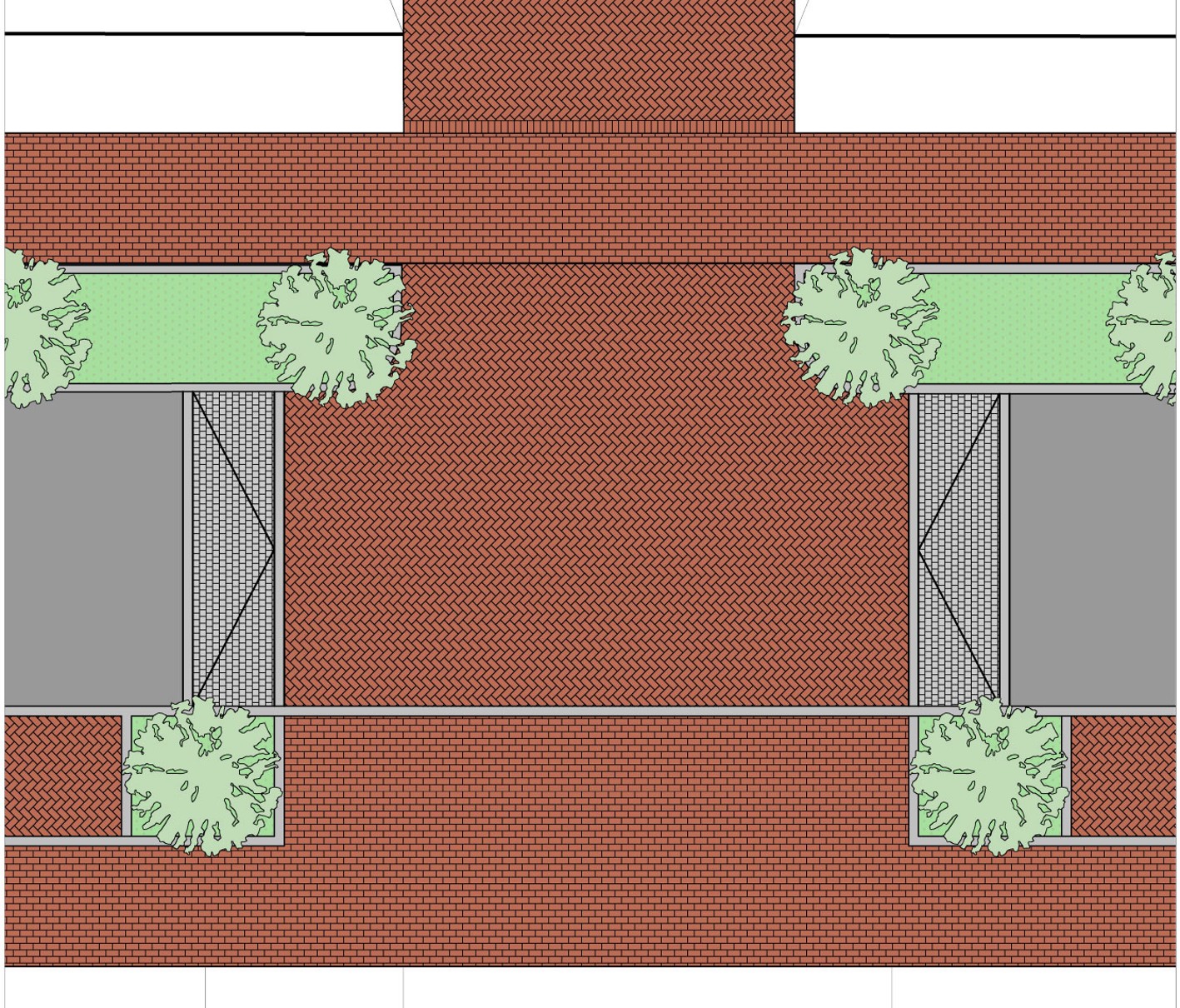 Raised junction plateau providing level pedestrian crossings and traffic calming.