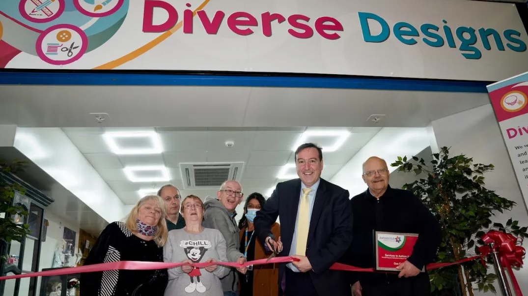 Group cut ribbon and opening of Diverse Designs shop at Forum shopping centre Chester.