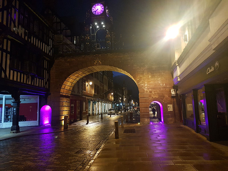 Eastgate clock lit purple