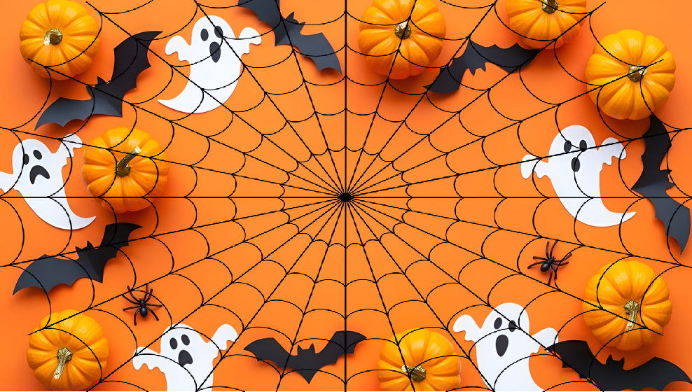 Spider web with ghosts bats and pumpkins