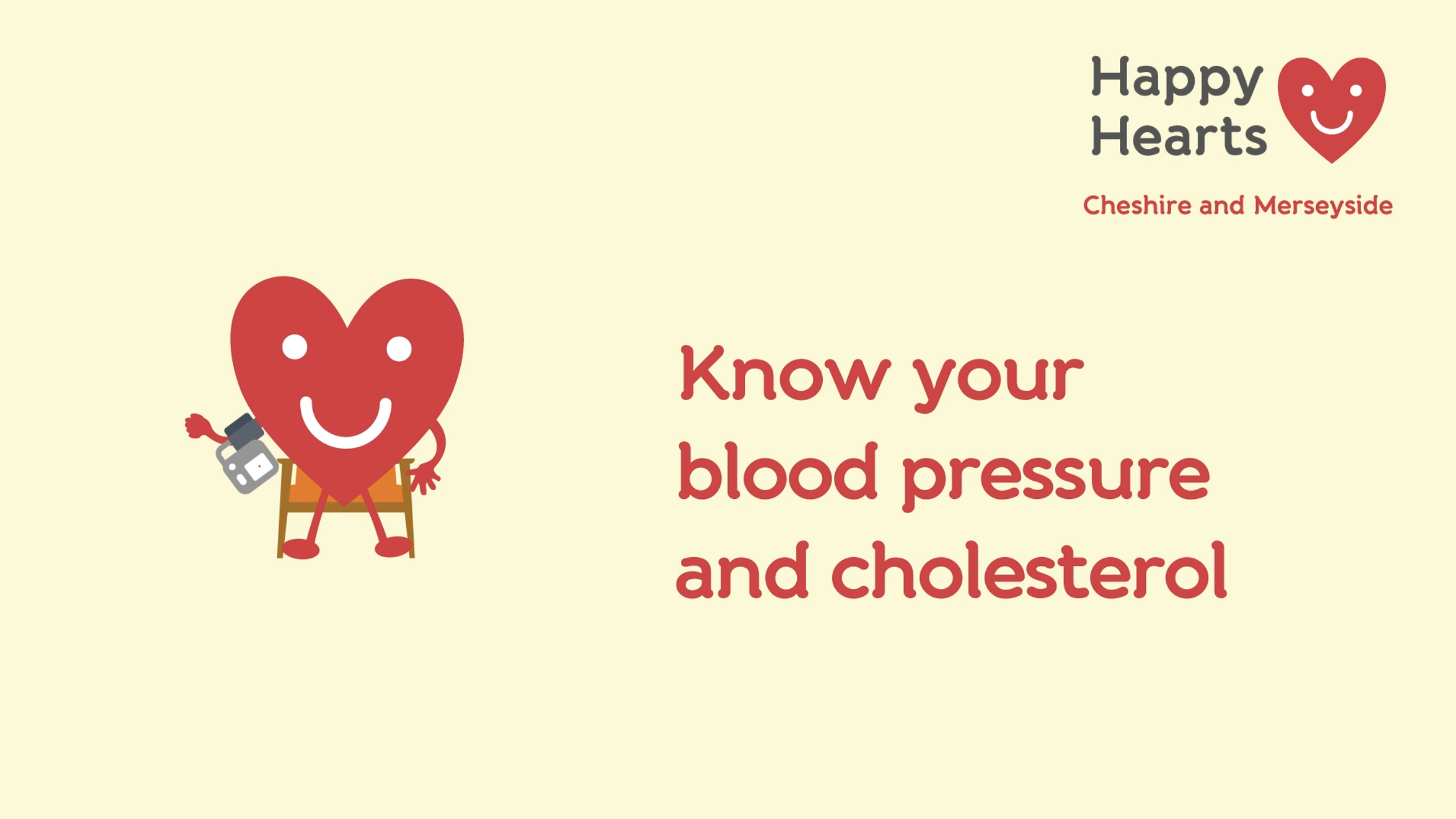 Know your blood pressure and cholesterol. Happy Hearts Cheshire and Merseyside.