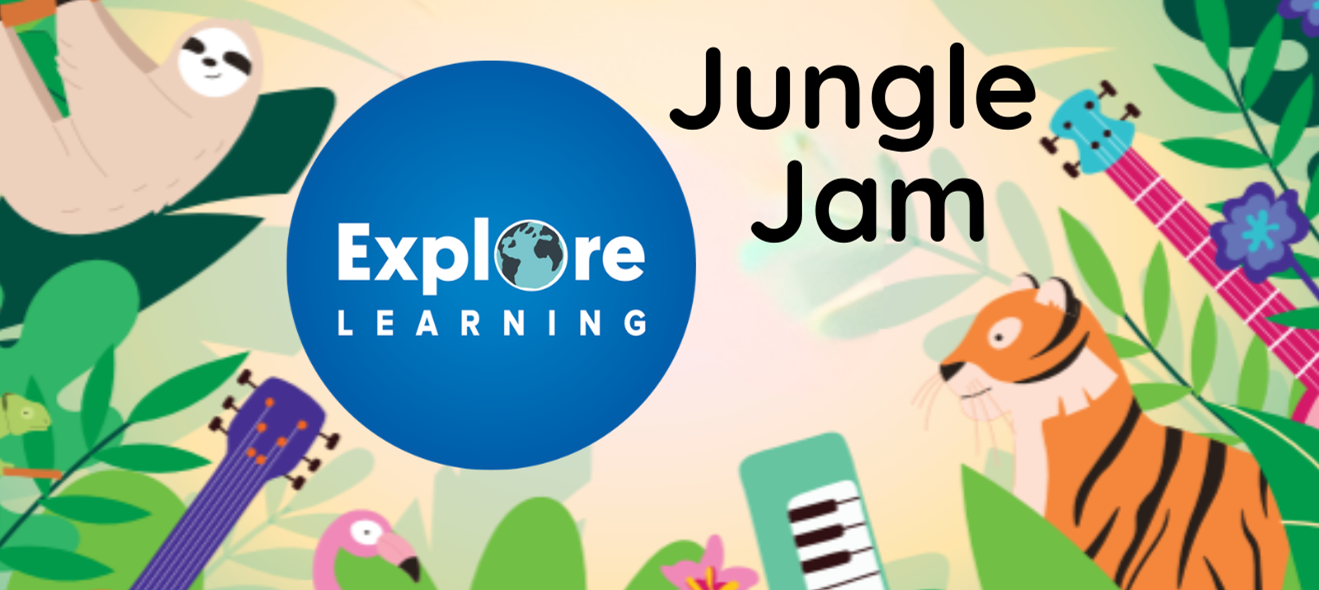 A cartoon image of jungle animals and instruments with the Explore Learning logo.