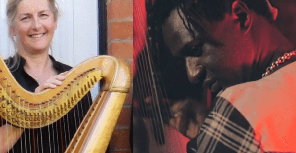 smiling lady with harp, smiling man with a stringed instrument