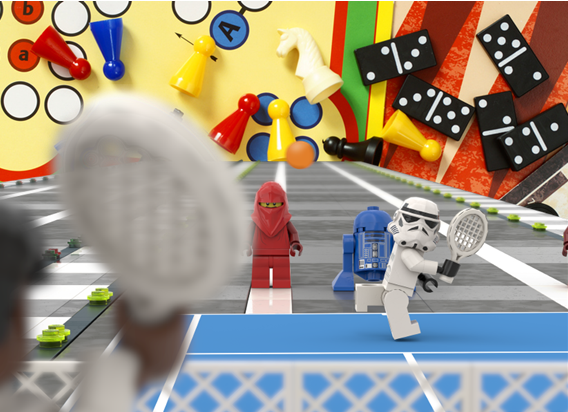 Lego characters playing tennis with board games backdrop