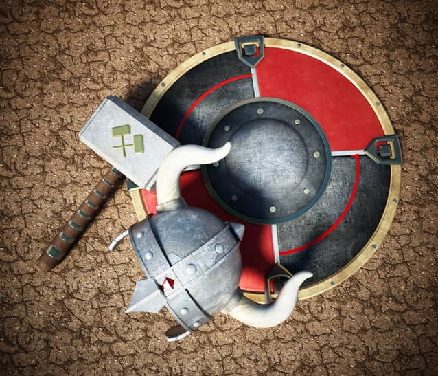 Medieval helmet, shield and hammer