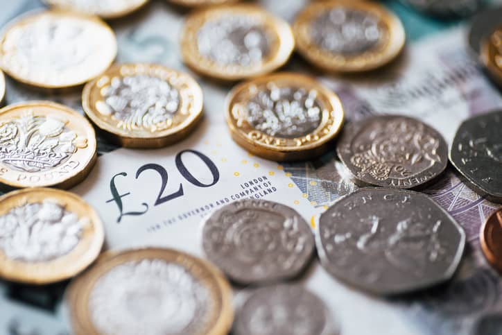 Pound coins on £20 note