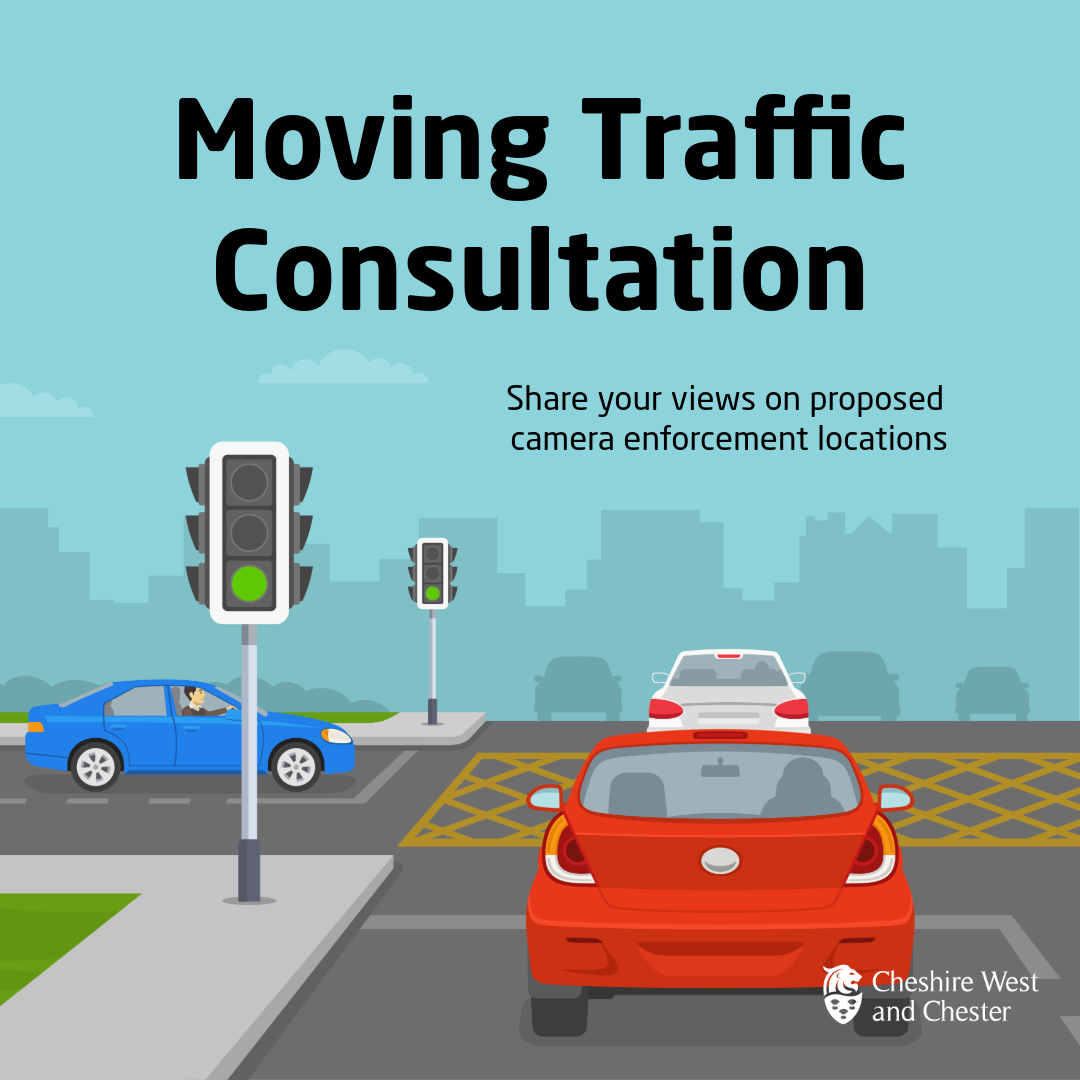 A visual for the Moving Traffic Consultation showing cars, traffic signals and a box junction