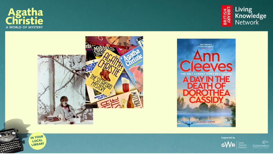 promotion of the event with the book cover for A Day in the Death of Dorothea Cassidy, a photo of Agatha Christie, and some of her book covers
