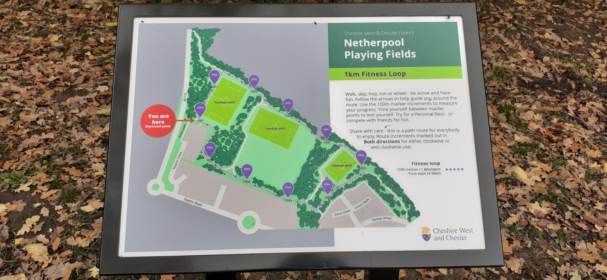 A photo of an information board showing the new fitness loop at Netherpool Playing Fields
