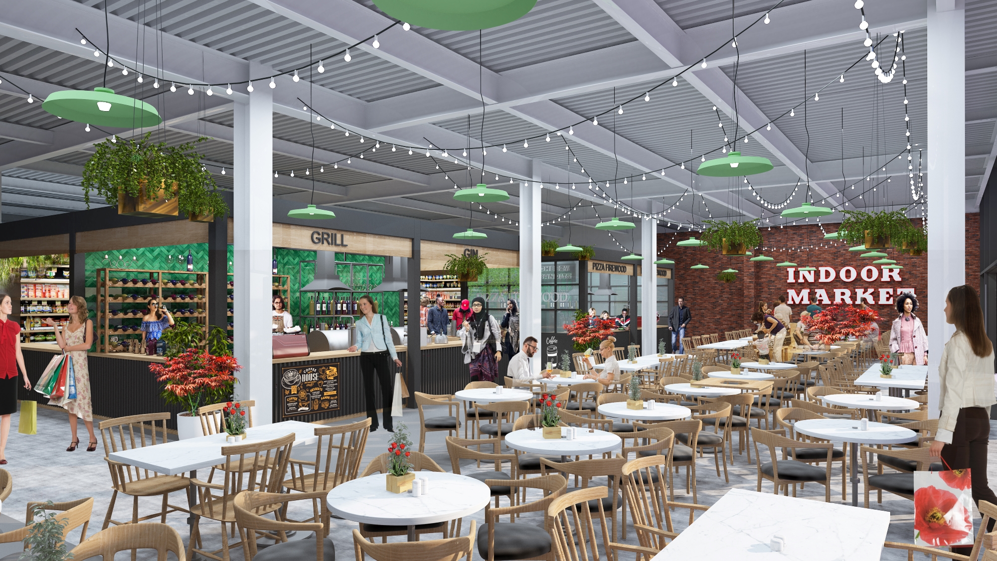 Visualisations of how the new market could look at Barons Quay - dining area