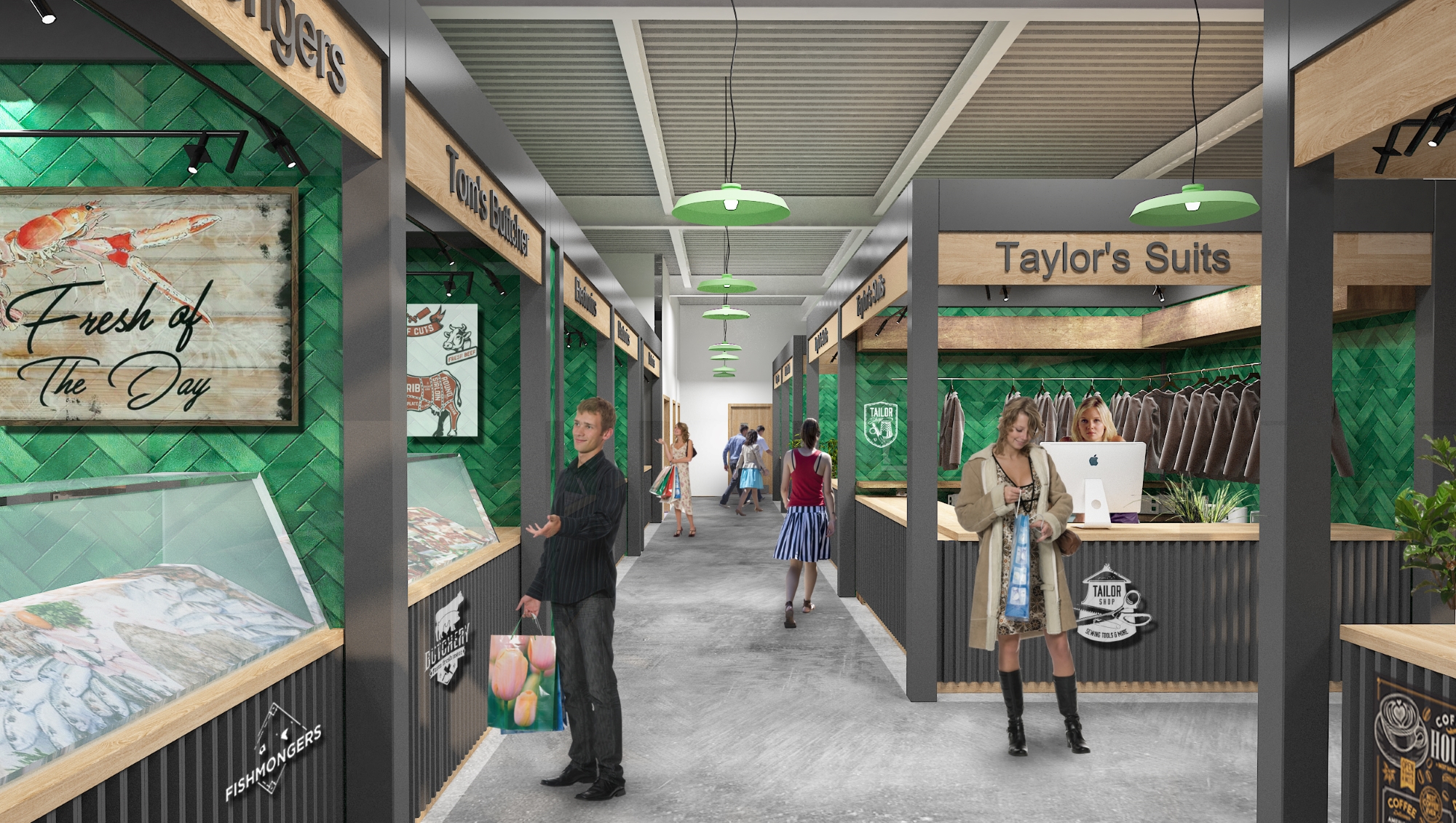 Visualisations of how the new market could look at Barons Quay - non-food stalls
